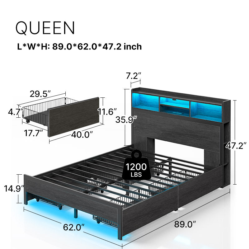 Greenstell Bed Frame with Bookcase Headboard and 4 Storage Drawers, Headboard with USB Ports & RGB LED Lights, Metal Platform Bed, No Box Spring Needed, Noise Free, Black