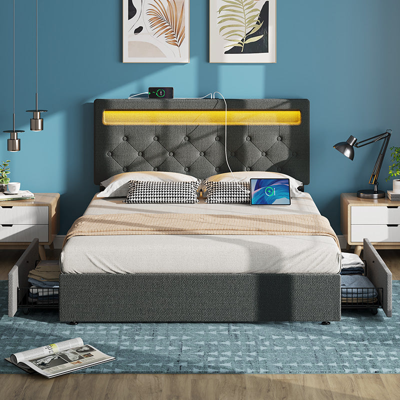 Greenstell Upholstered Bed Frame with Adjustable Headboard, Charging Stations, 4 Storage Drawers and RGB LED Lights, Sturdy Structure, No Box Spring Needed, Noise Free, Ideal For A Peaceful Night's Sleep