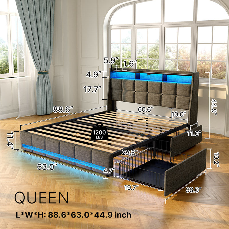 Greenstell Bed Frame with Wingback Headboard, Upholstered Platform Bed Frame with RGBW LED Lights & 4 Storage Drawers, Headboard with 2-Tier Storage, USB & Type-C Ports, Wood Slats Support, Easy Assembly, No Box Spring Needed, Noise Free