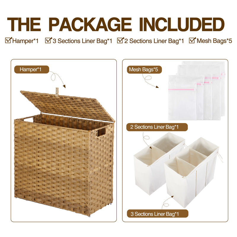 Greenstell Laundry Hamper with Lid, 125L Large Clothes Hamper with 3 Section & 2 Section Removable Liner Bags & 5 Mesh Laundry Bags, Handwoven Synthetic Rattan Divided Laundry Basket