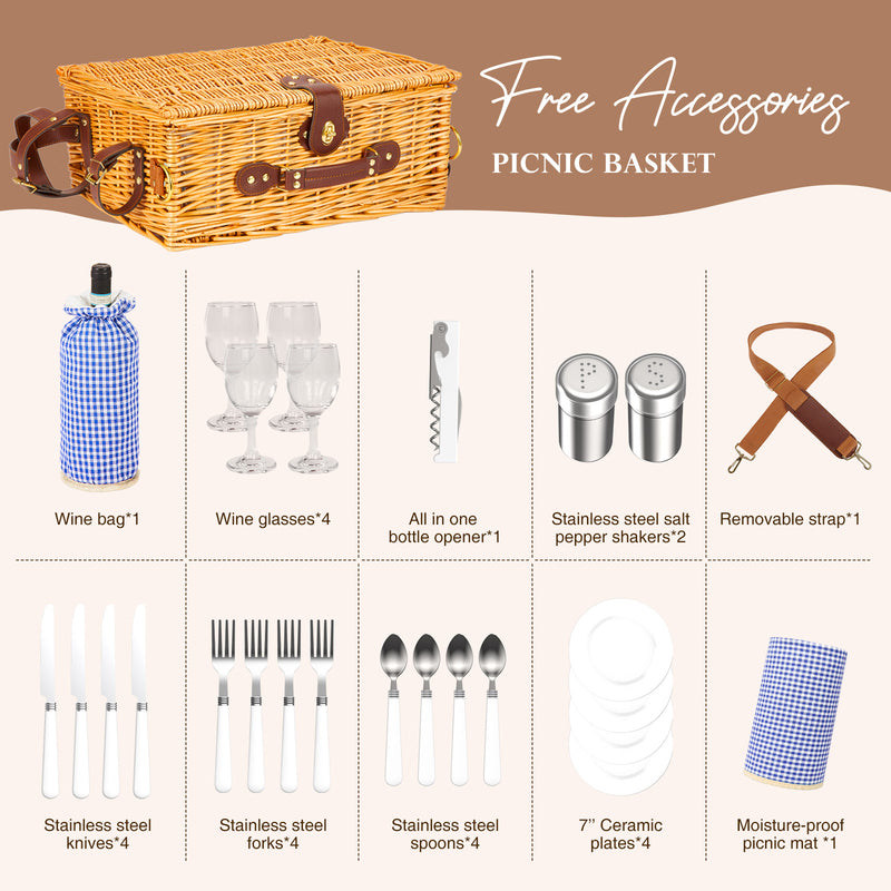 Picnic Basket Set of 2 Pieces, with Insulated Cold Storage Bag and Tableware Service Set, Wooden Lid and Handle, Wicker Picnic Basket, with Lining Aug