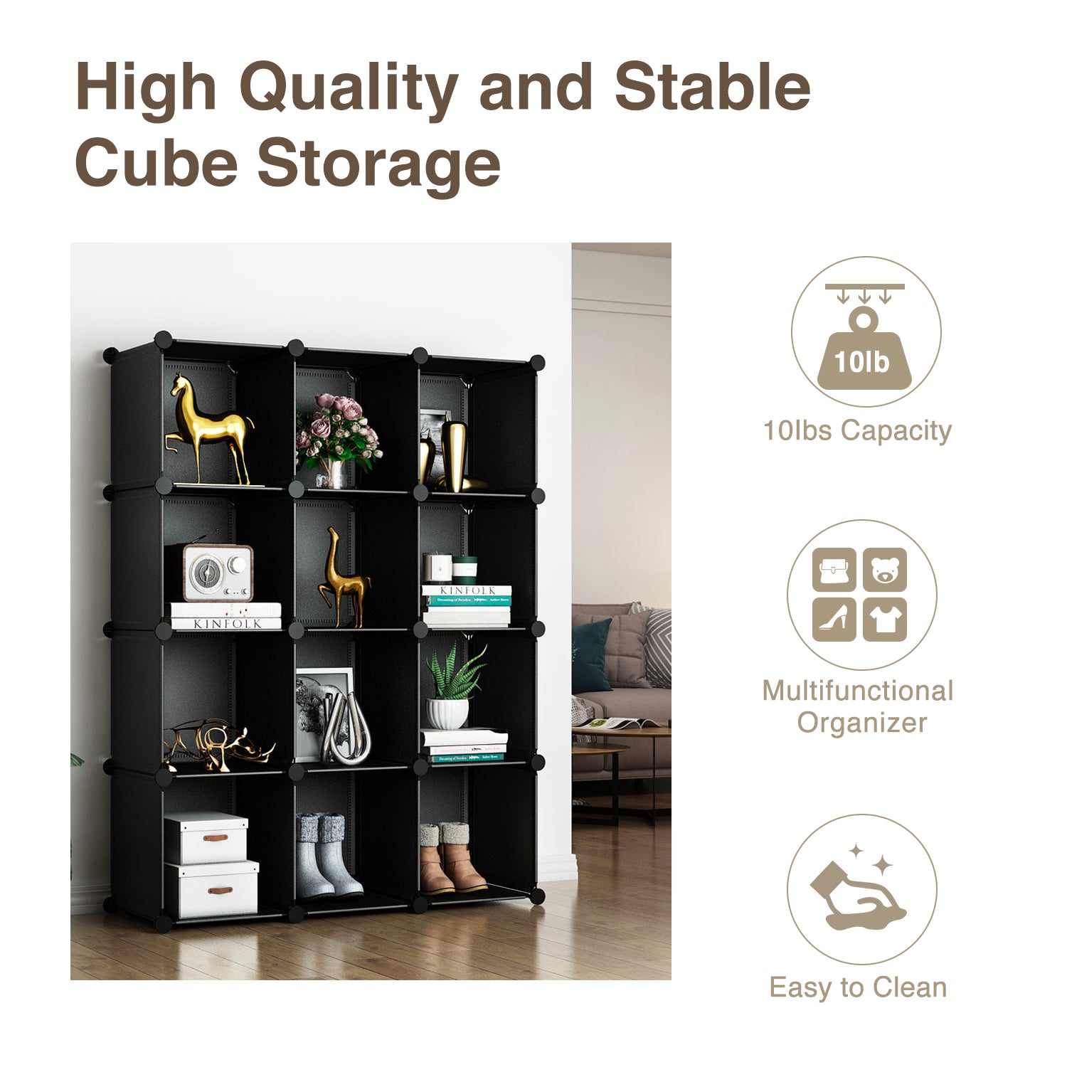 SUGIFT Cube Storage with Doors 12 Cube Organizer Bookcase Closet Storage  Shelves for Clothes, Black (3x4 Cubes)